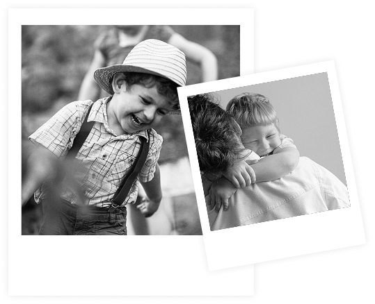 Two black-and-white polaroids of children playing