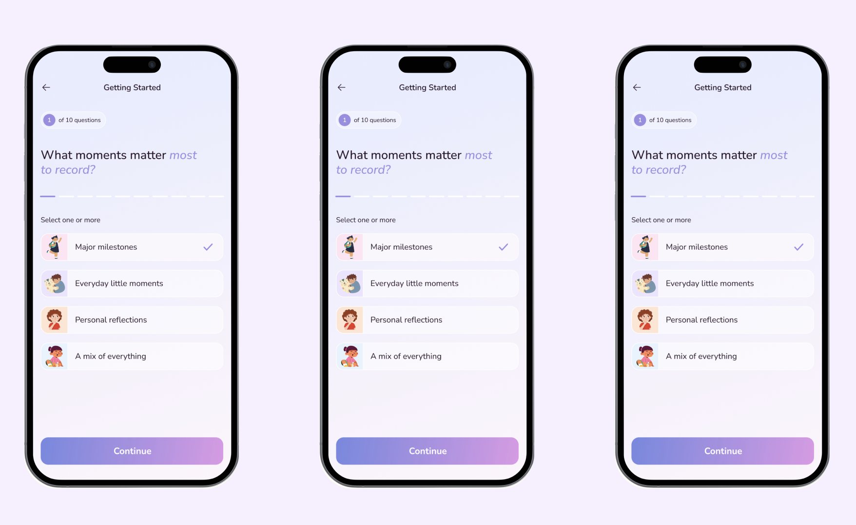 BabyMoments getting-started flow shown across three phones